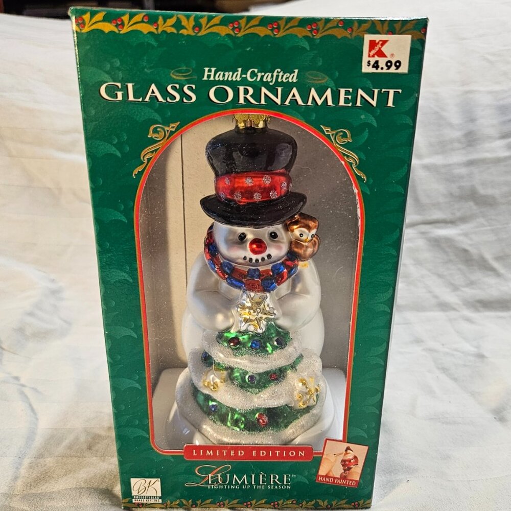 LUMIERE Hand Crafted Glass Ornament SNOWMAN Holding Chiristmas Tree NEW 1999